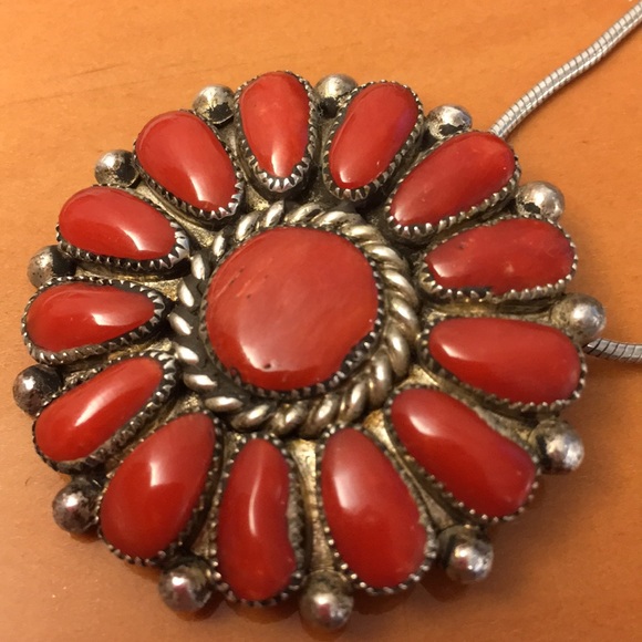 Red Coral & Silver Pendant/Pin by Lorraine Waatsa - Picture 6 of 8